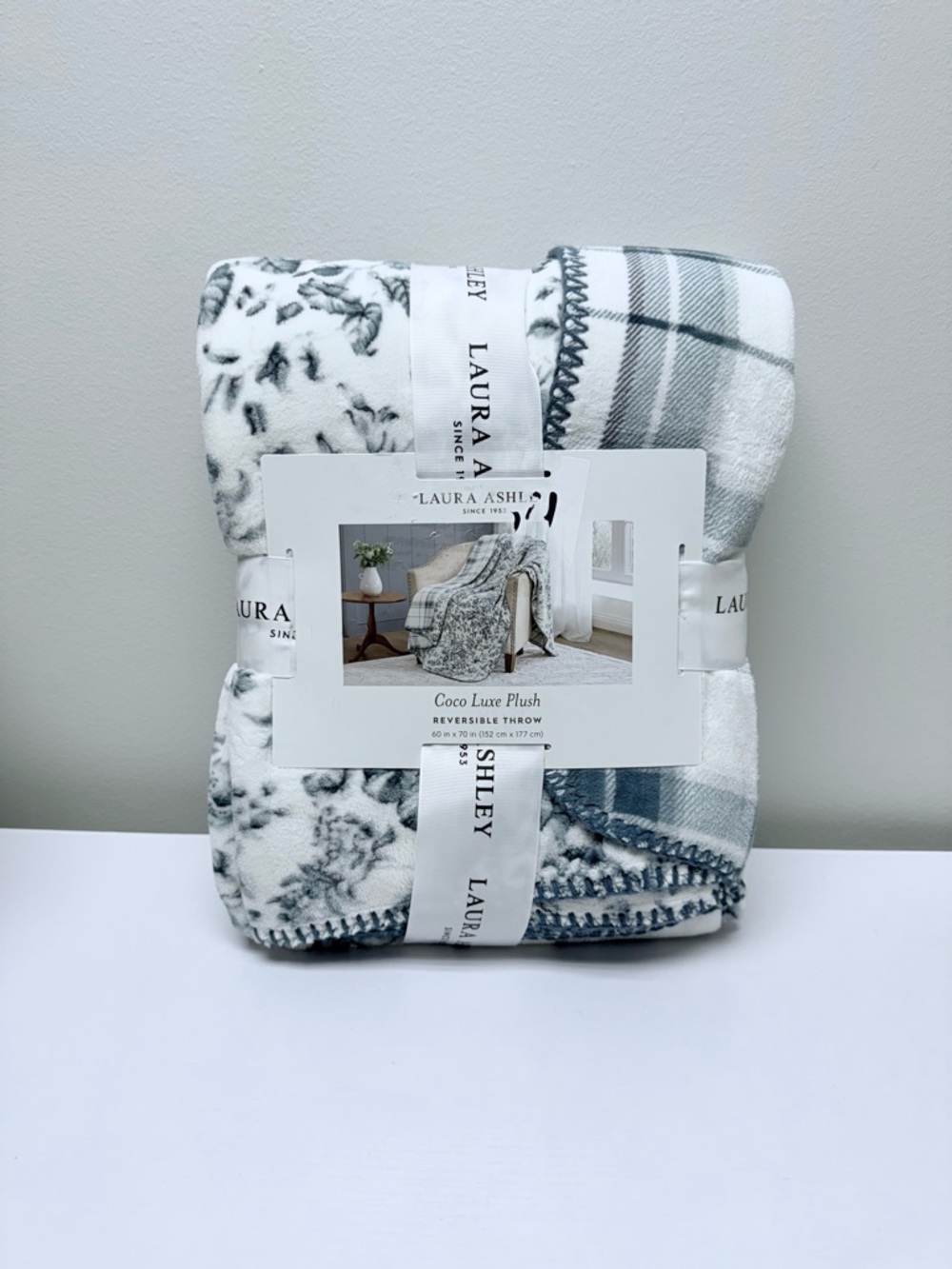 Laura Ashley Plush Reversible Coco Luxe Throw Blanket, Teal, Gray & Cream Plaid